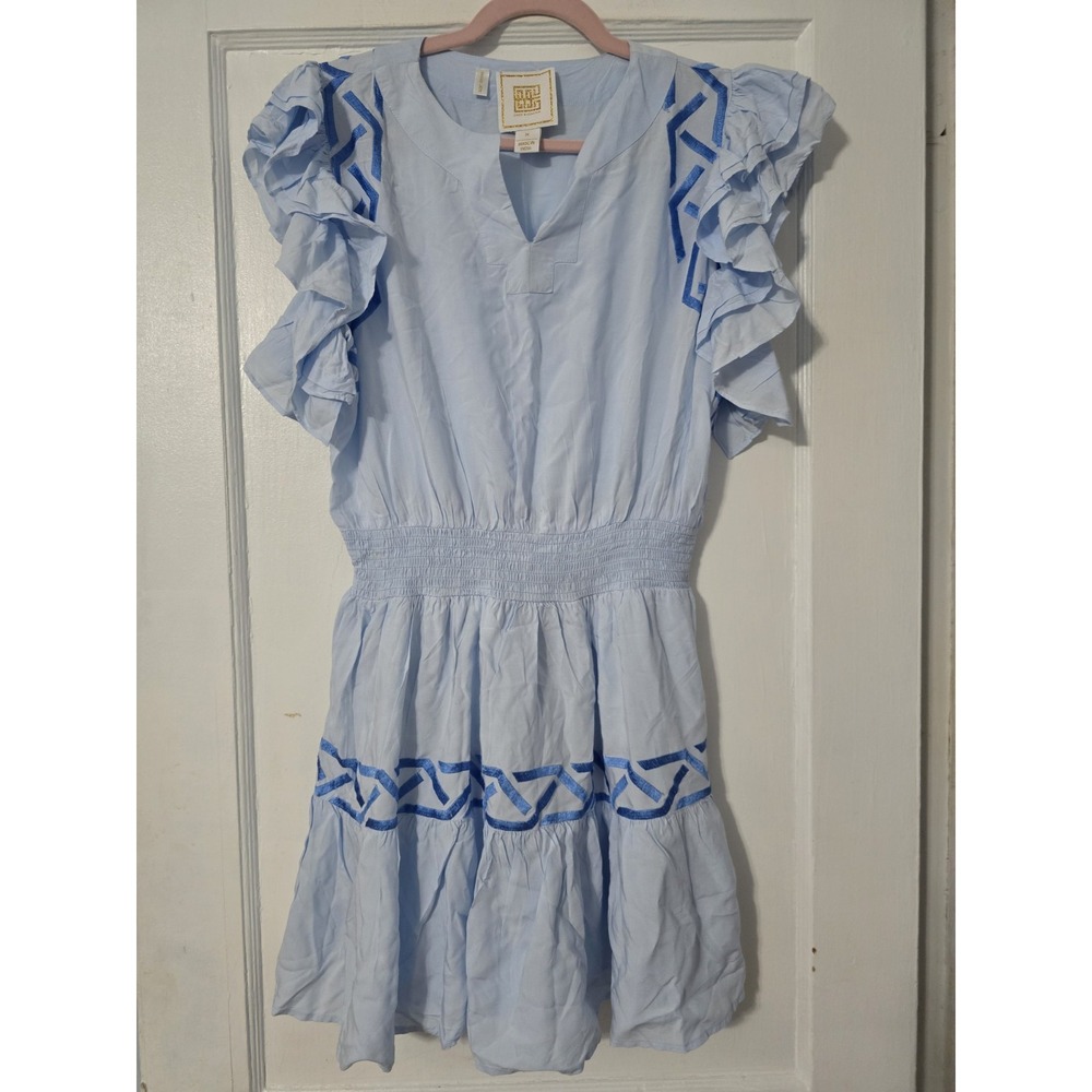 Emily Mccarthy Maggie Dress for Women, Size MEDIUM, Blue Embroidered